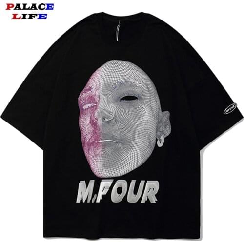 2021 Men Hip Hop Streetwear T shirt Reflective Head Portrait Print T Shirt Harajuku Cotton Loose Summer Short Sleeve Tops Tees