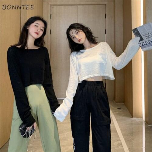 T-shirts Women Long Sleeve Breathable Loose O-neck Summer Thin Simple Pocket Sun-proof Soft Female Clothing Popular Lazy Leisure