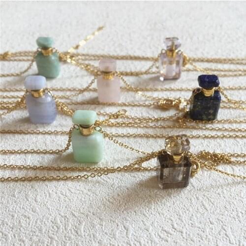 FUWO Wholesale Mini Perfume Bottle Neckace,Natural Multi Kind Stone Essential Oil Bottle With Gold Chain Necklace NC088 5pcs