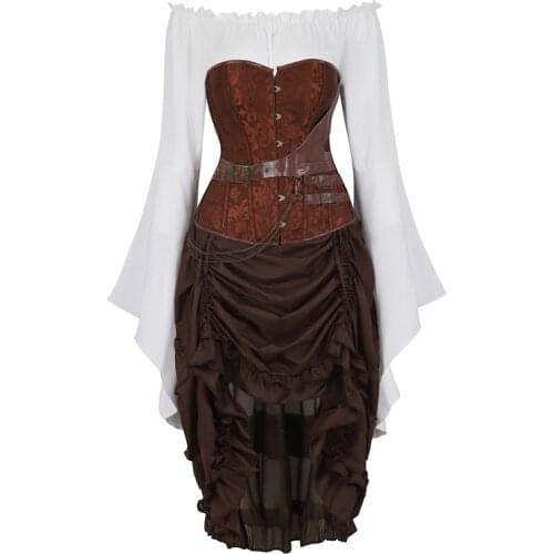 Steampunk corset dresss top skirt 3-piece costume cosplay gothic punk corsets bustier pirate burlesque vintage brown korsett