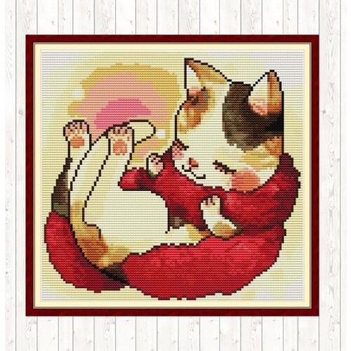 A Cat with A Red Scarf,count Printed on Canvas Cross-stitch Embroidery Kit Animals 14CT 11CT DIY Handmade Needlework Home Decor