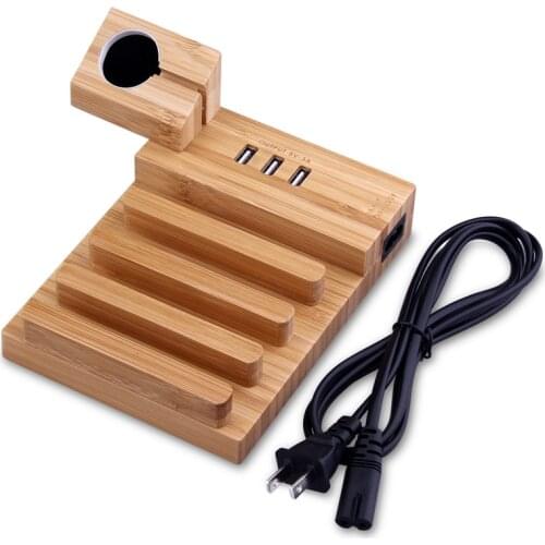 Natural Bamboo Bracket for Apple Watch Charging Dock Stand Cradle 3 USB Port Phone Holder For iPhone Samsung Charger for Airpod