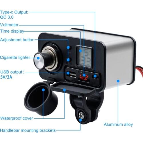 Motorcycle mobile phone USB charger 12V waterproof PD fast charge cigarette lighter with switch actual inspection voltage schedu