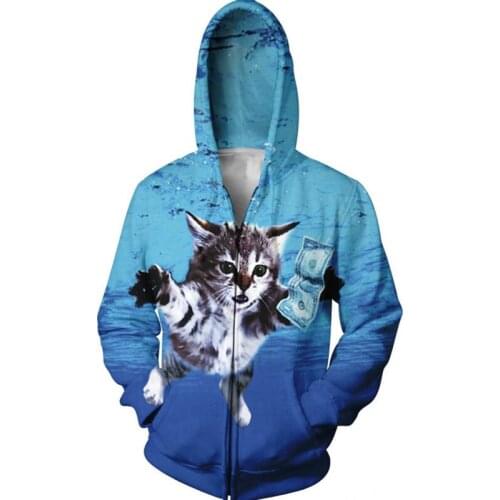3D Print Men Hoodies And Sweatshirts Cat Taking Cash Under The Sea Tops Hooded Zipper Outfits Fashion Bule Color Clothing
