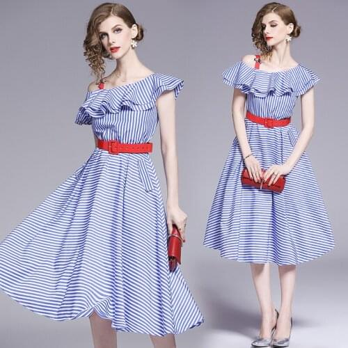 New Summer Womens Waist Slim-Fit Ruffle Trim off Shoulder High-Waist Blue and White Striped Dress with Belt Epaulette