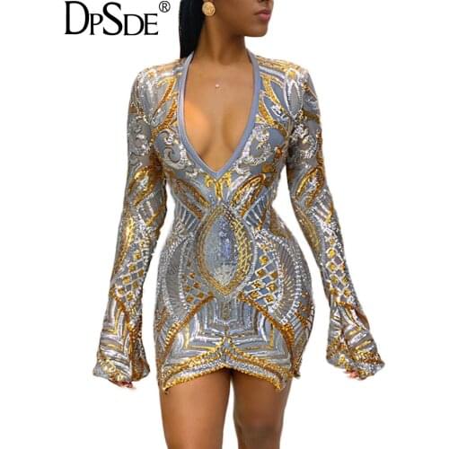 DPSDE Golden Sequined Bodycon Skinny Mini Dress Autumn V Neck Streetwear Casual Lady Dress Collect Waist New 2020 Bandage Dress