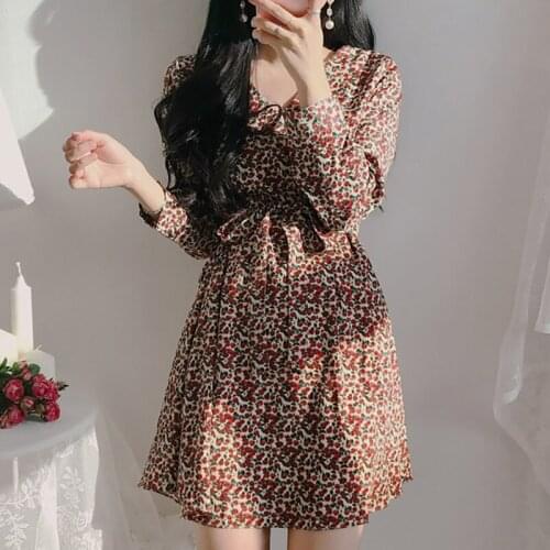 Mini a Line Floral Dress Chiffon Vintage Korean Long Sleeve Vestido Curto Cute Harajuku v Neck Woman 2020 Spring Summer Sukienka