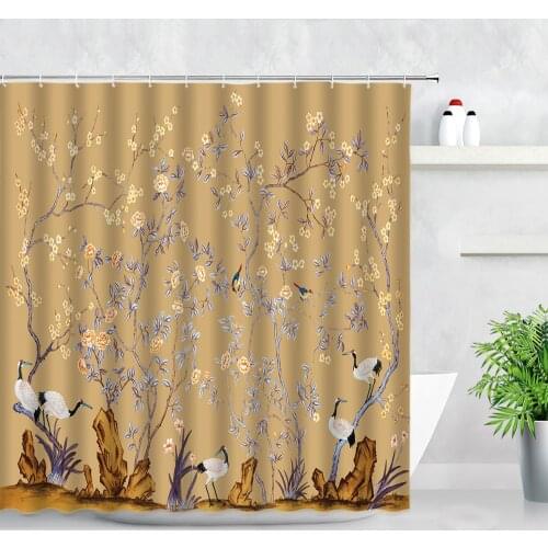 Hand Painted Chinese style Flower Bird Background Decor Waterproof Fabric Shower Curtains 3D Printed Modern Bathroom Curtain Set