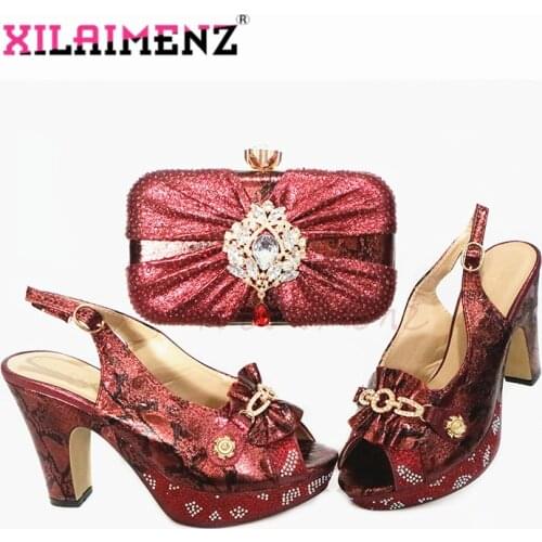 Wine Color New Design Nigerian Women Shoes Matching Bag with Shinning Crystal Italian Lady Shoes and Bag Set for Wedding Party