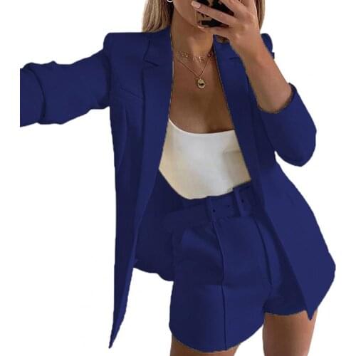 Women Sets Autumn long sleeve cardigan Blazer Solid Color Pockets Women Outfit Two-piece Cardigan Blazer Shorts Belt Set 3XL