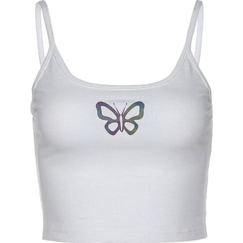 Women Summer Sleeveless Crop Top Reflective Butterfly Backless Slim Camis Vest F42F