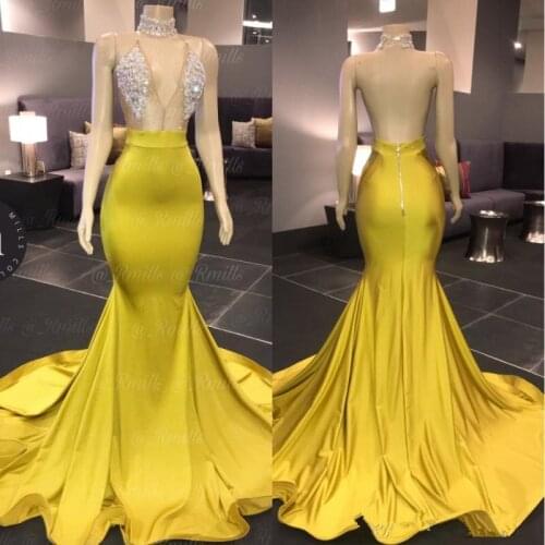 Yellow Prom Dresses Mermaid Halter Appliques Beaded Crystals Backless Long Prom Gown Evening Dresses Robe De Soiree