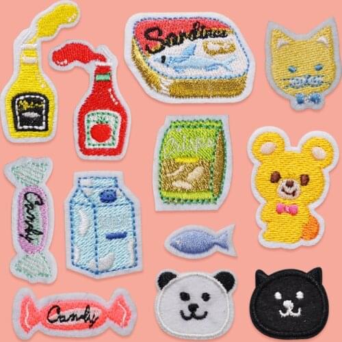 100pcs/lot Embroidery Patch Sticker Cat Dog Fish Candy Ketchup Mustard Food Clothing Decoration Sewing Accessory Iron Applique