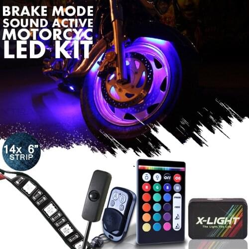 14pc Glow Light Multi-Color Remote Control Motorcycle Light Kit 9 Leds Per Strip | Brake Mode | Music Active | Switch Cable