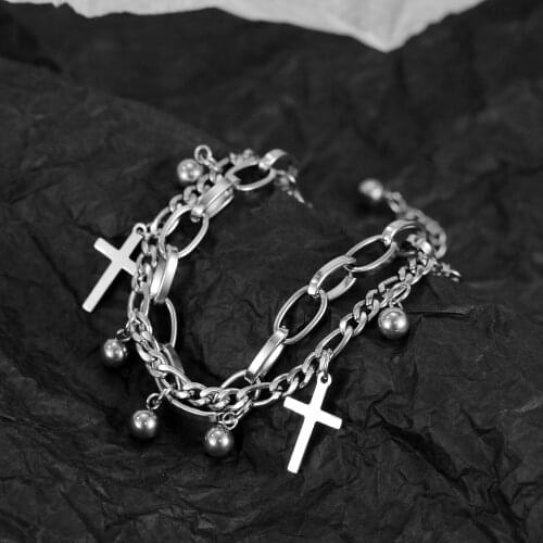 Fashion Cross Beads Pendants Bracelets For Girls Women Stainless Steel Layered Chain Cuff Jewelry Accessories Bracelet Wholesale
