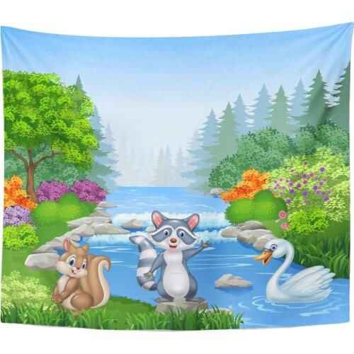 Woods Green Squirrel Cartoon Funny Animals in Beautiful River Forest Winter Autumn Home Decor Tapestry Wall Hanging for Living