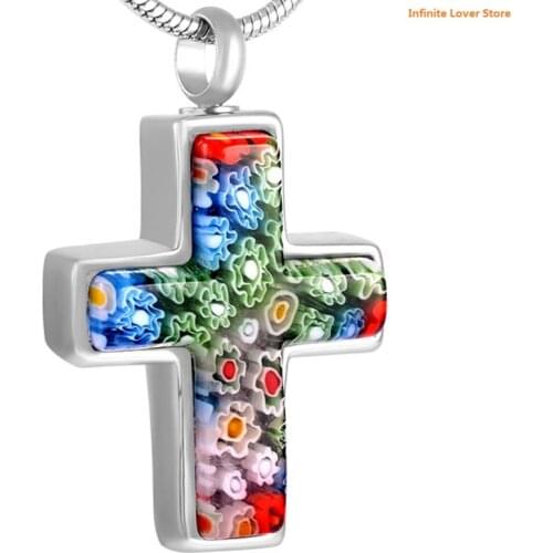 KLH8546-9 Stainless Steel Colorful Glass Cross Memorial Urn Necklace-Wholesale Pet Or Human Ashes Remaining Jewelry