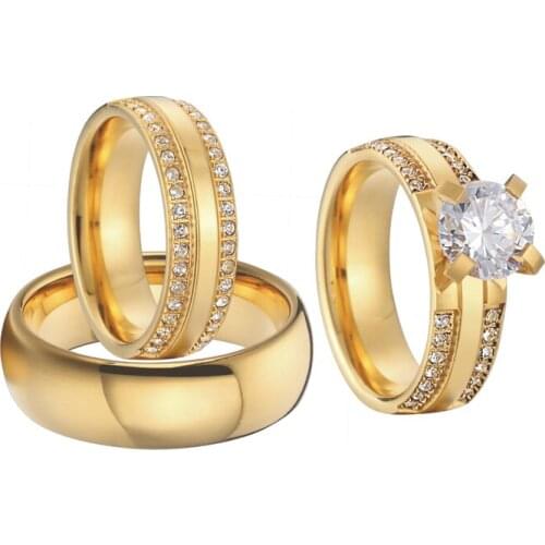 Couple Wedding Rings Set for Men and Women Luxury 3pcs 18k Gold Plated Lovers Alliance Zircon Engagement Ring Marriage Gift