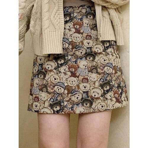 Retro Japanese cute vintage feeling jacquard bear Teddy bear high waist all-match zipper short skirts womens 2020
