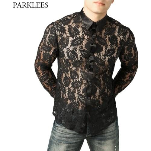 Mens Nightclub Style Lace Leaves Shirt Men Slim Fit Long Sleeve Button Down Dress Shirts Sexy Mesh See Through Shirt Male Camisa