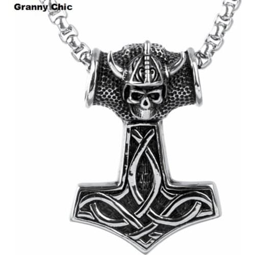Granny Chic Mens Jewelry Hot Sell Fashion Silver Vintage Stainless Steel Mjolnir Thors Hammer Pendant Box Necklace