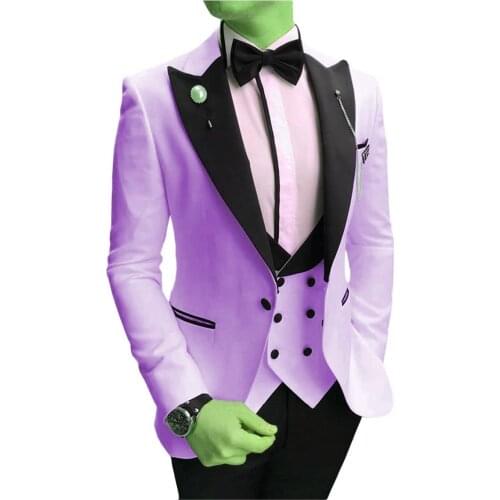 New Style Men Suits Lavender and Black Groom Tuxedos Peak Lapel Groomsmen Wedding 3 Pieces ( Jacket+Pants+Vest+Bow Tie ) D249