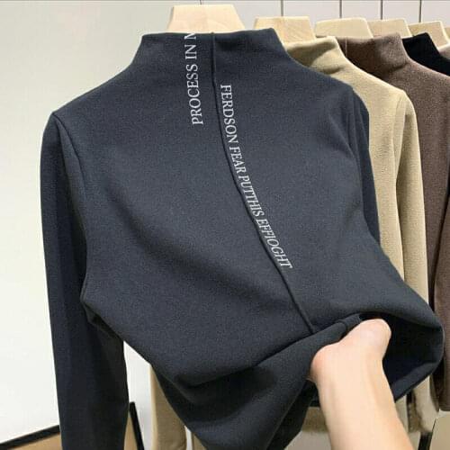 Autumn Womens Letter Print Plus Velvet T-shirt Korean Style Stretch Casual Pullover Fashion Slim Turtleneck Warm Female T Shirt