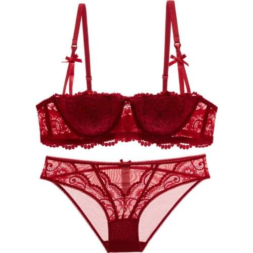 Sexy Half Cup Lace Gathered Bra Set Elegant Black White Lace Tempting Push Up Underwear