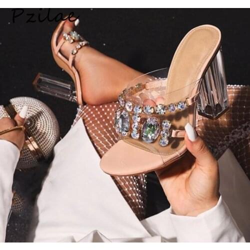 Pzilae 2020 new women rhinestone PVC sandals summer fashion ladies stilettos perspex high heels slippers party shoes size 42