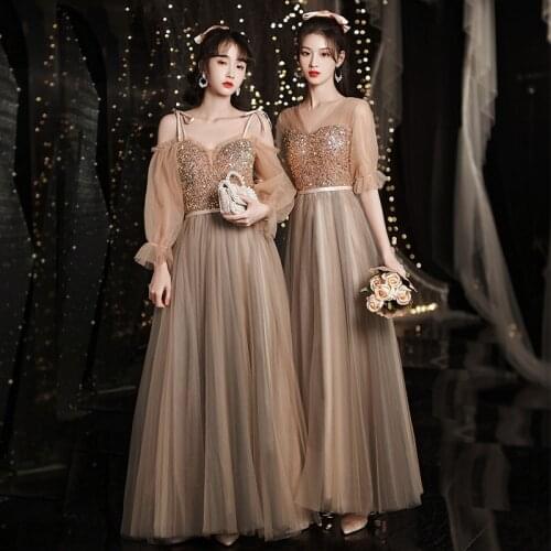 Plus Size 3XL Khaki Bridesamaid Dress Bling Sequins Evening Party Dress Elegant A-line Formal Dress Slim Long Banquet Dress