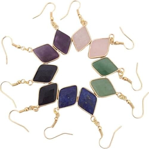 Retro Style Stone Dangle Hook Earrings Rhombus/Teardrop Goldtone Plated Handmade Stylish for Women Girls Drop Shape