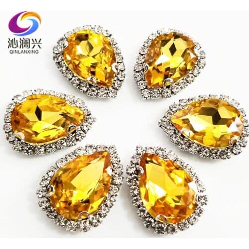 Top grade Silver bottom Glass Crystal buckle,Golden yellow Drop shape sew on rhinestones with holes,Diy/wedding decoration