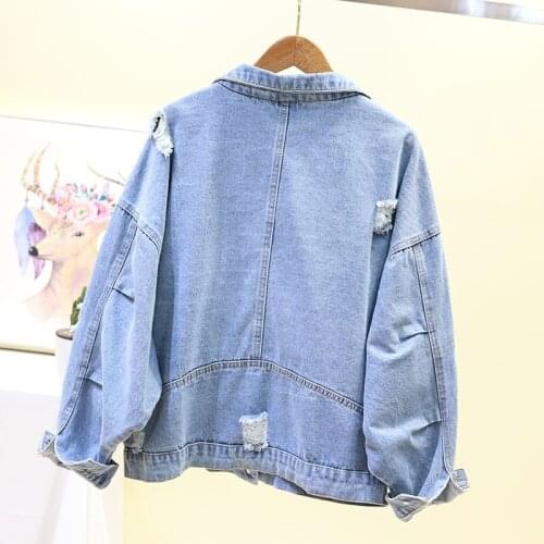 Heavy Beading Diamond Hole Ripped Loose Denim Coat Woman Spring Autumn Fashion New Long Sleeve Office Ladies Jackets M L