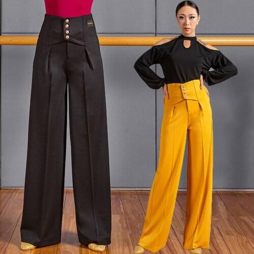 Modern Ballroom Dance Pants For Women High Waist Wide-Leg Black Trousers Tango Waltz Dance Cosutme Practice Clothes DNV14287