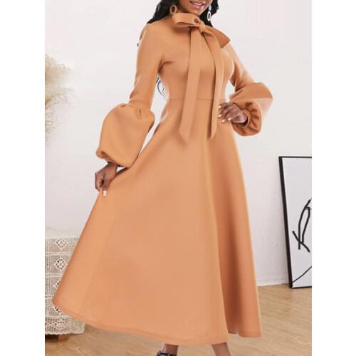 Women Party Dresses High Waist A Line Long Lantern Sleeve with Bowtie Collar Midi Celebrate Event Occasion Vestidos Female Robes