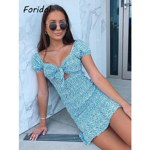 2021 summer boho floral print dress women ruffle blue short dress beach holiday tunic elastic green dress lace up bodycon dress