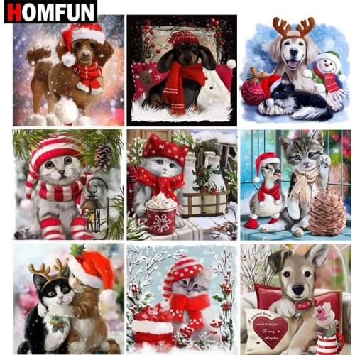 HOMFUN Full diamond Painting "Dog Christmas Cat" Resin Drill Embroidery 5D Diy Diamond Painting Handmade Cross Stitch gift