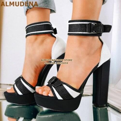 ALMUDENA White/Black Chunky Heels Platform Sandals Bandage Buckle Strap Dress Shoes Open Toe Color Patchwork Gladiator Sandals