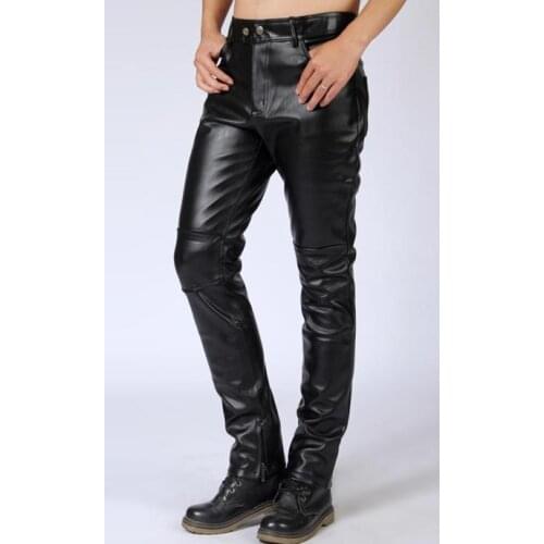 High waist autumn winter slim motorcycle faux leather pants men trousers pu pants for men personalized tight-fitting patchwork