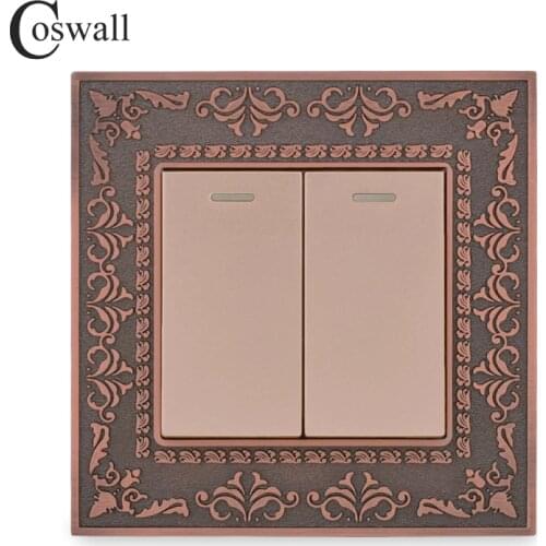 Coswall 2 Gang 1 Way Wall Switch 4D Embossing Retro Zinc Alloy Panel Luxury On / Off Light Switch 16A AC 110~250V