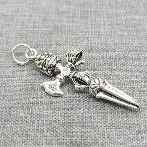 925 Sterling Silver Double Dorje Phurba Dagger Charm Pendant w/ Buddha Face Buddhism Buddhist