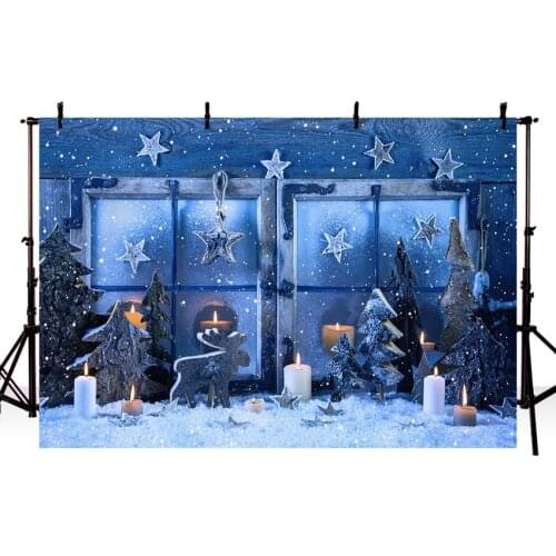 Photography Background Romantic Winter Christmas Trees Window Star Snow Candle Blue Backdrop Photo Backdrop Photophone Photocall