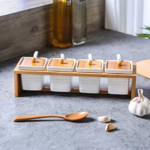 Ceramic Spices Jars Set With Wood Rack Seasoning Condiment Storage Bottles With Spoons Salt Pepper Sugar Jar Organizer Container