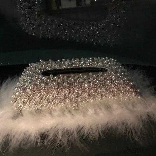 Tissue Box for Women Girls White Pearl Home Office Tissue Box with Bling Bling Crystals Car Paper Towel Cover Case