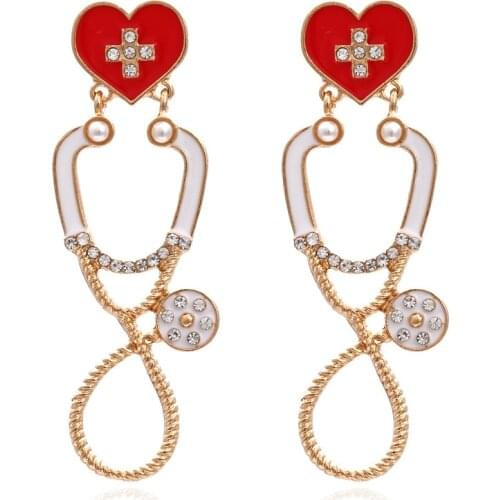 Creative Funny Stethoscope Heart Cross Stud Earrings Women Gold Metal Jewelry Earings for Nurse Doctor Medical Trendy Earring