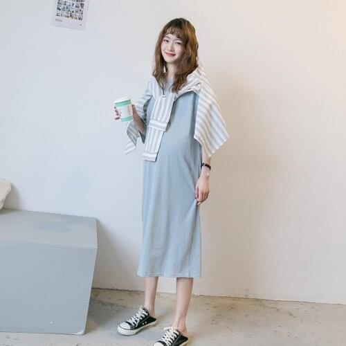 Summer Maternity Short Sleeve Ankle-Length Dresses+Stripe Shawl 2PCS Pregnant women Loose Dress Pregnancy Solid Color Clothes