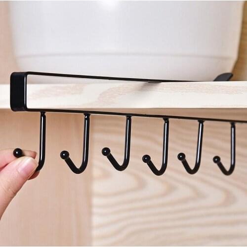Traceless Nail Free Metal Kitchen Cup Holder Hang Cabinet Shelf Storage Rack Organizer 6 Hooks