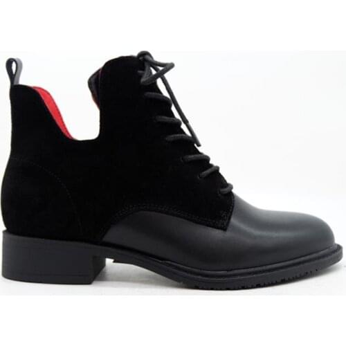 Fashion women black leather suede red lining temperament round head bandages cylinder Martin boots thick short boots