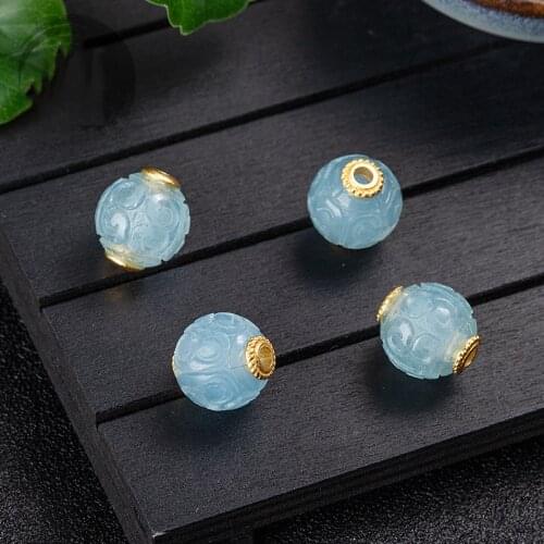 Natural Aquamarine Beads Inlay S925 Plating Gold Turquoise Dark Jade Reiki Round Separated Bead Accessories for Bracelet Jewelry