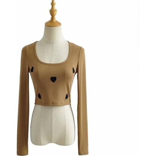 2021 autumn new ins T-shirt low-cut round neck stretch slim coat love embroidery short shirt solid color sexy casual top